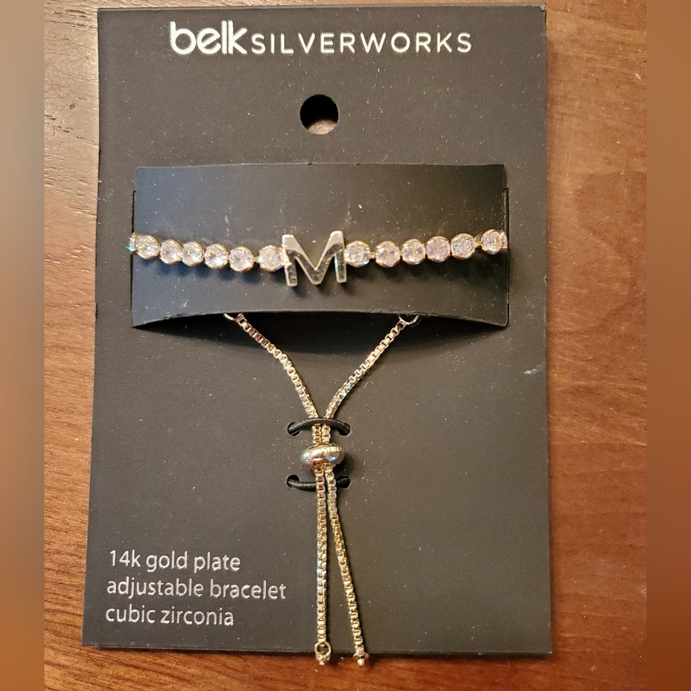 Belk Silverworks 14k Gold Plated Cubic Zirconia Initial M Adjustable Bra…